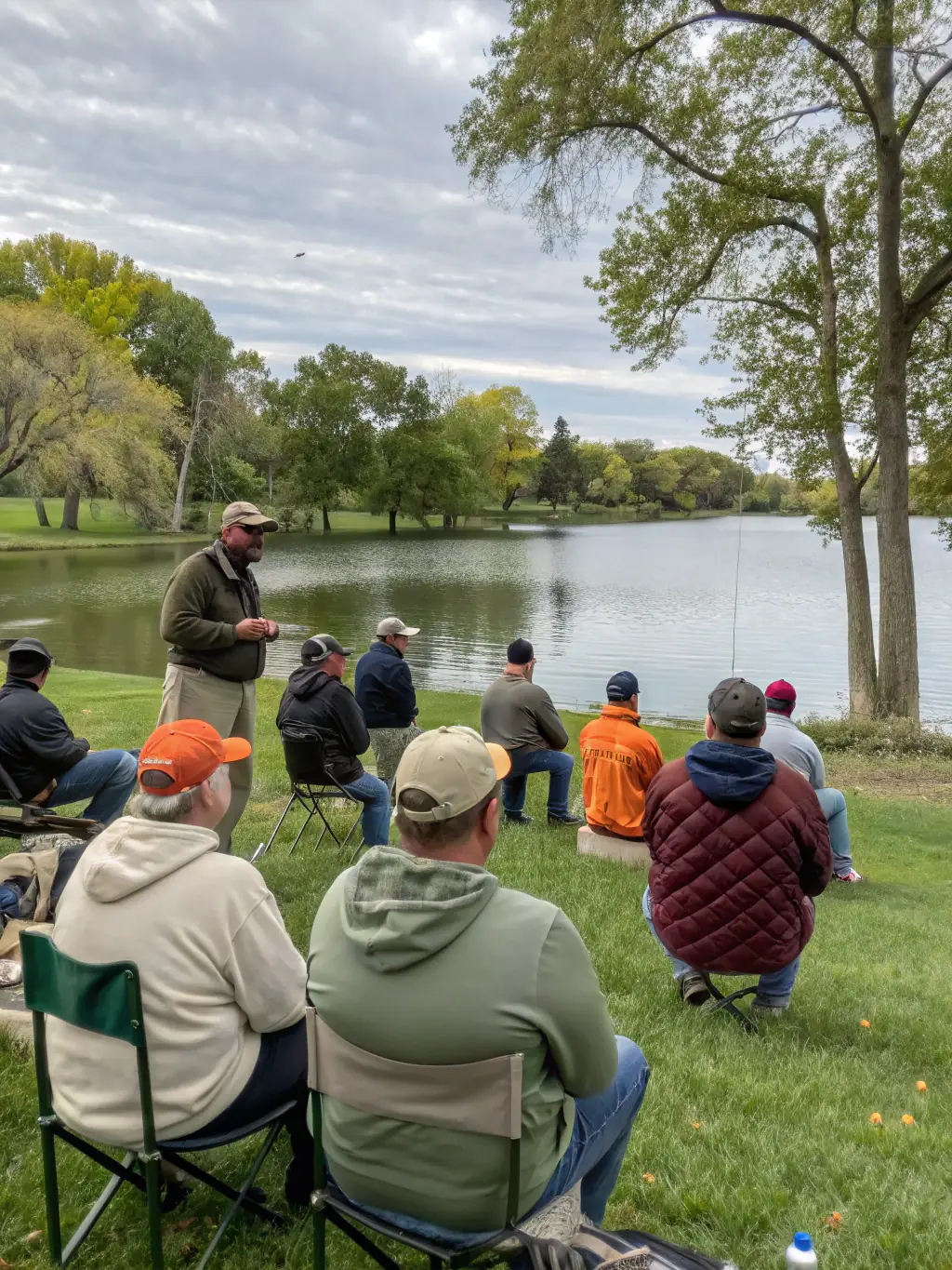 A group of club members participating in a carp fishing workshop, demonstrating various techniques and sharing tips.