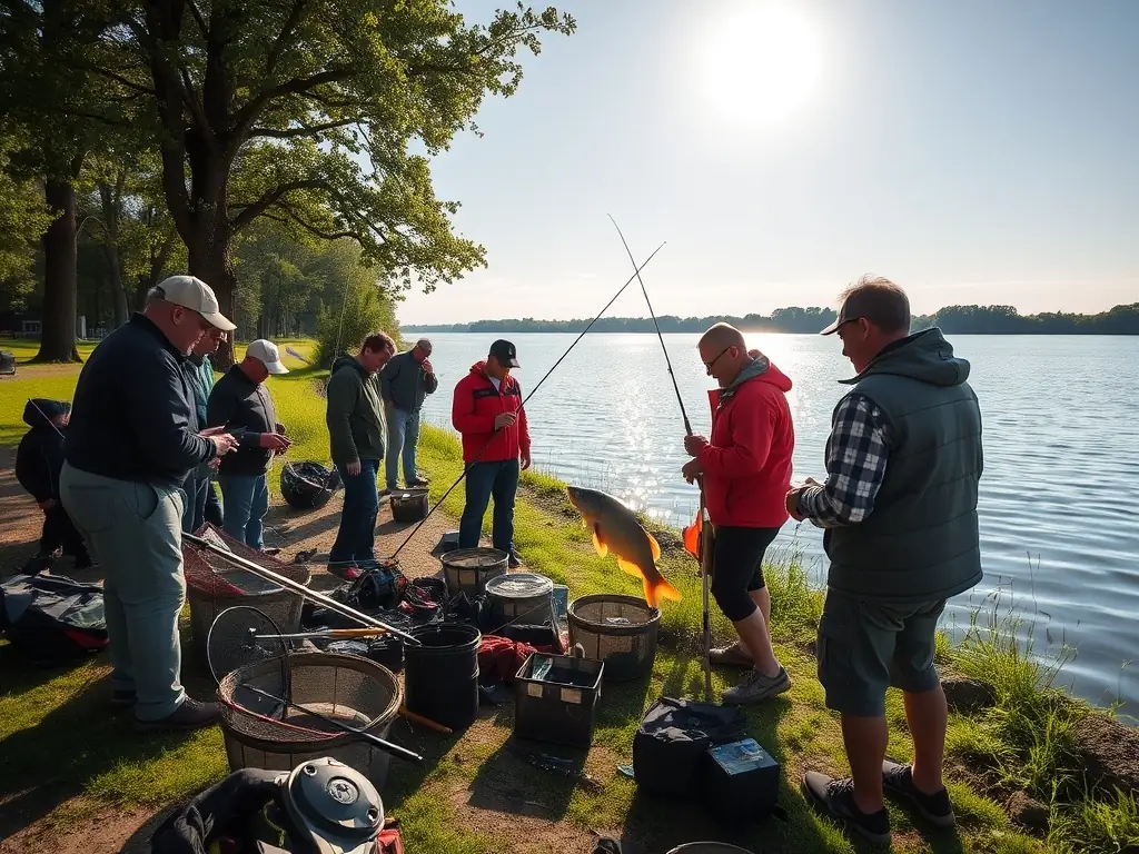 A photograph of a group of anglers participating in a fishing competition on the pond, showcasing the excitement and camaraderie of the event.