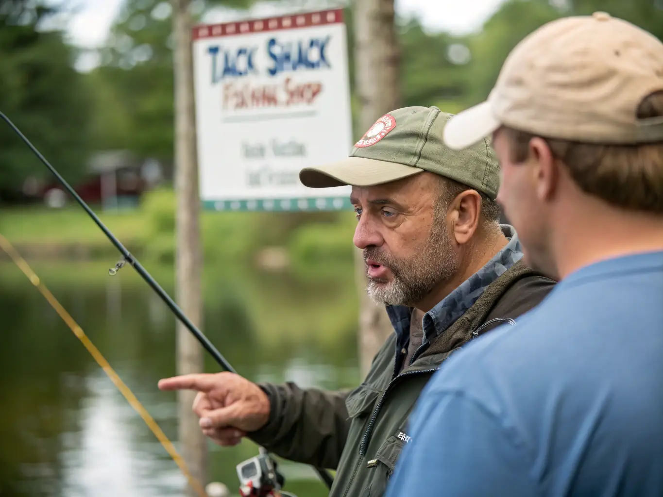 A photograph of a fishing workshop in progress, with an experienced angler demonstrating techniques to club members.