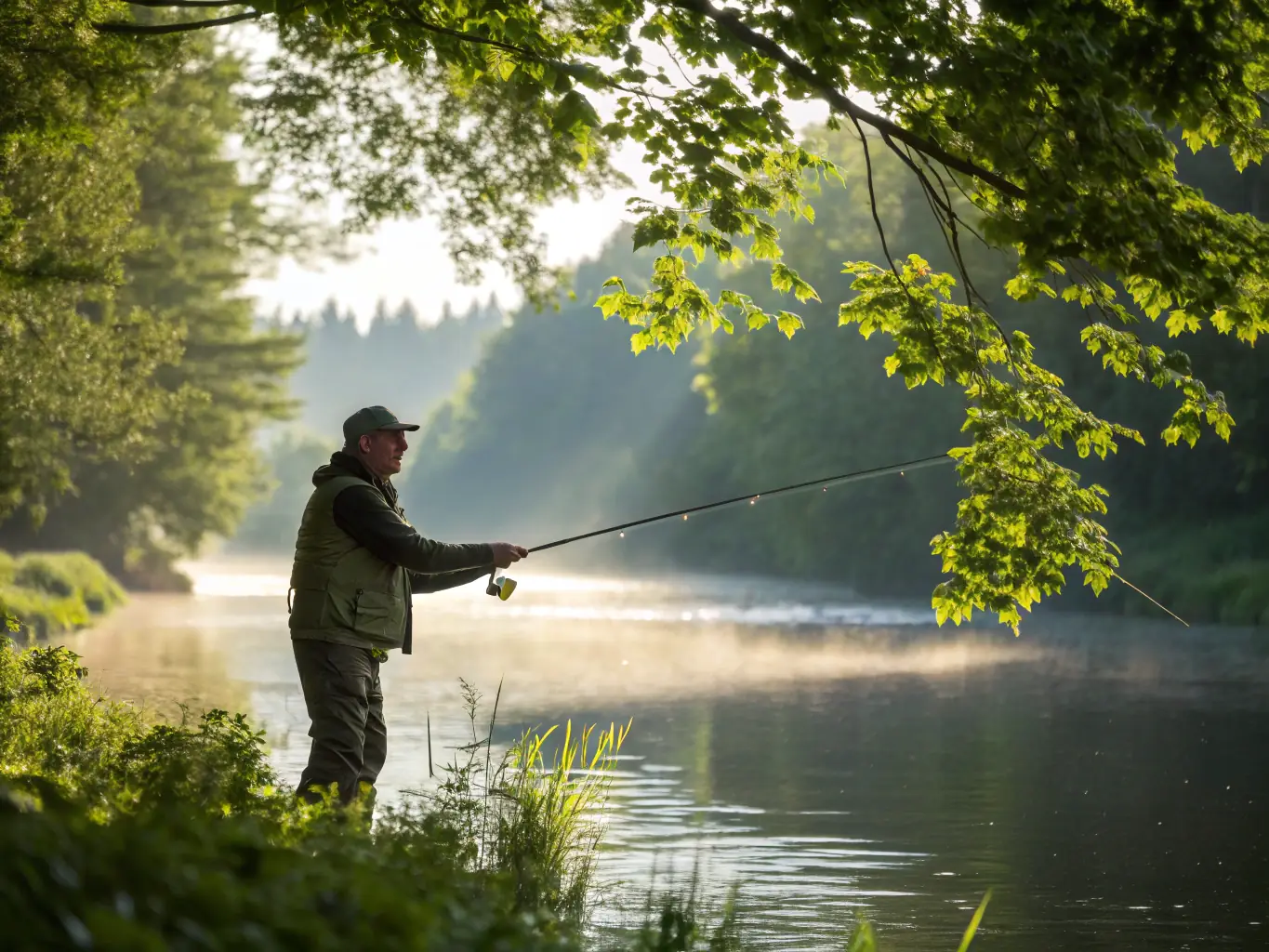 A group of anglers with a guide demonstrating fishing techniques near the pond at sunrise.