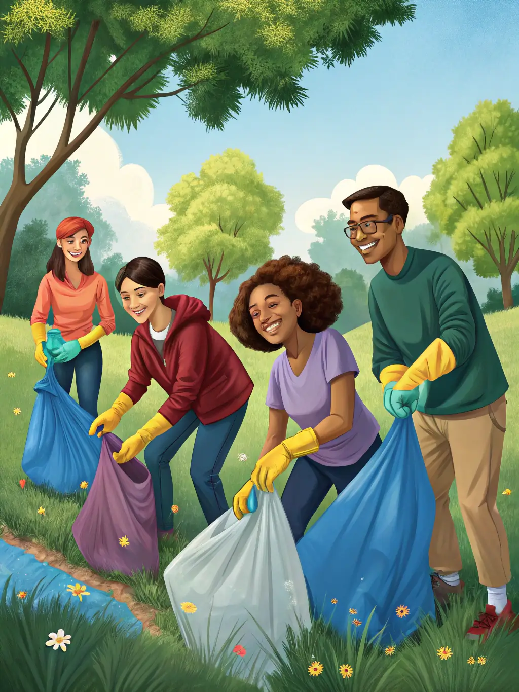 Club members working together on a conservation project, cleaning up the pond and surrounding areas to protect the carp habitat.