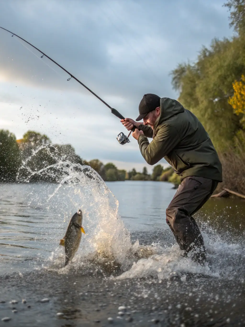 A close-up shot of a member releasing a carp back into the pond after a catch, emphasizing responsible fishing practices.